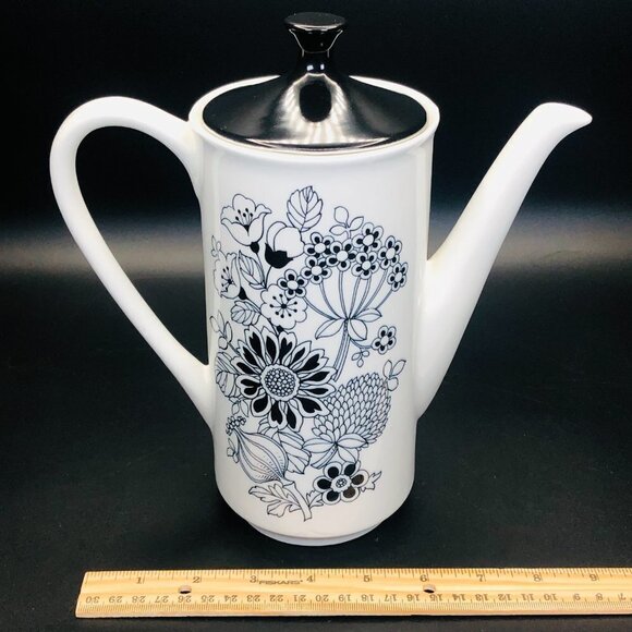 60s Grindley MANITOU Mod Black White Coffee Chocolate Pot Flower Power Ironstone - Picture 9 of 11